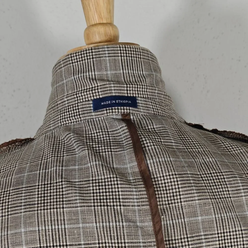 Stafford Men's Luxury Sport Coat Unstructured‎ Brown Plaid Wool Blend Peak 48L